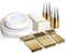 175 Piece Gold Dinnerware Set - 50 Gold Rim Plastic Plates - 25 Gold Plastic Silverware - 25 Gold Plastic Cups - 25 Gold Paper Napkins, 25 Guest Disposable Gold Dinnerware Set